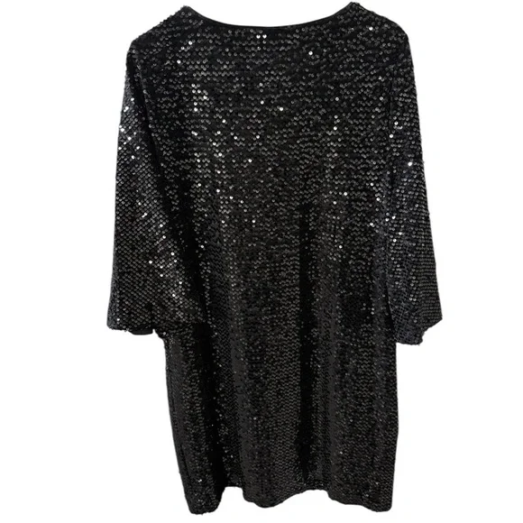 Chico’s Size 3 16/18 Black Sequined Bell sleeves Mid Length Cocktail Dress - Picture 2 of 10